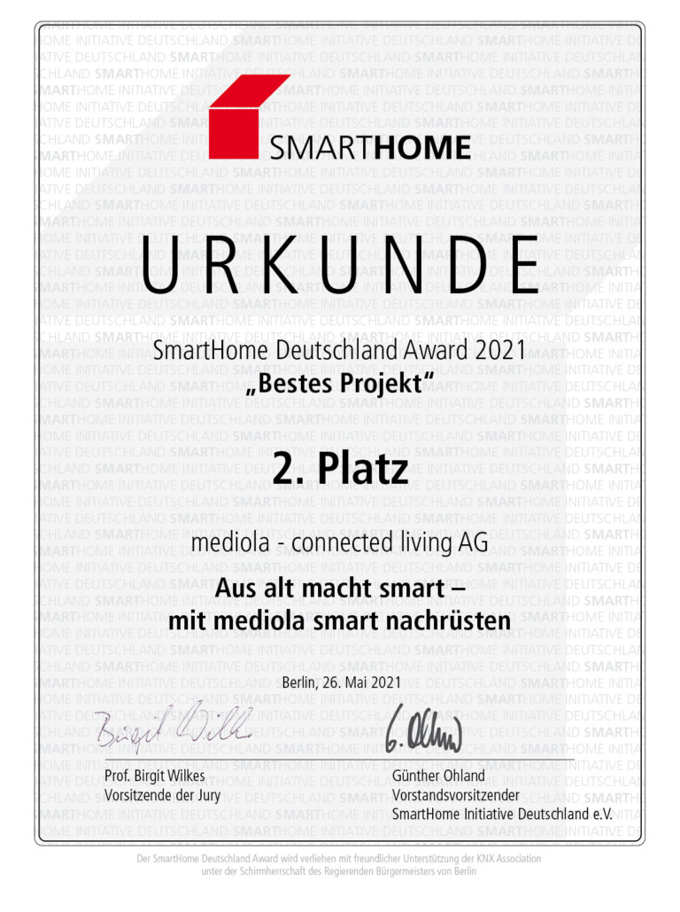 URKUNDE mediola® erneut Preisträger beim SmartHome Deutschland Award